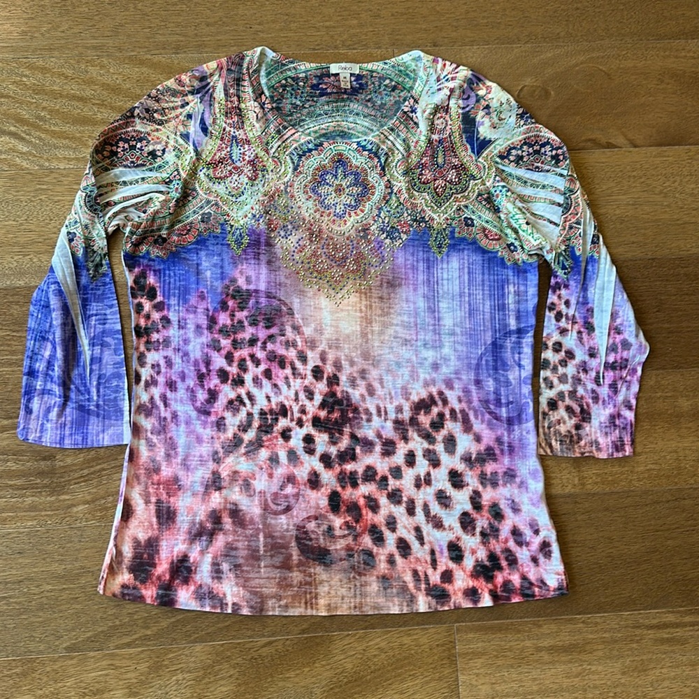 Reba brand colorful polyester/rayon beaded shirt, 3/4 length sleeve,